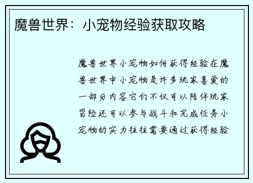 魔兽世界：小宠物经验获取攻略