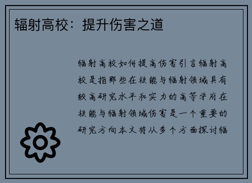 辐射高校：提升伤害之道